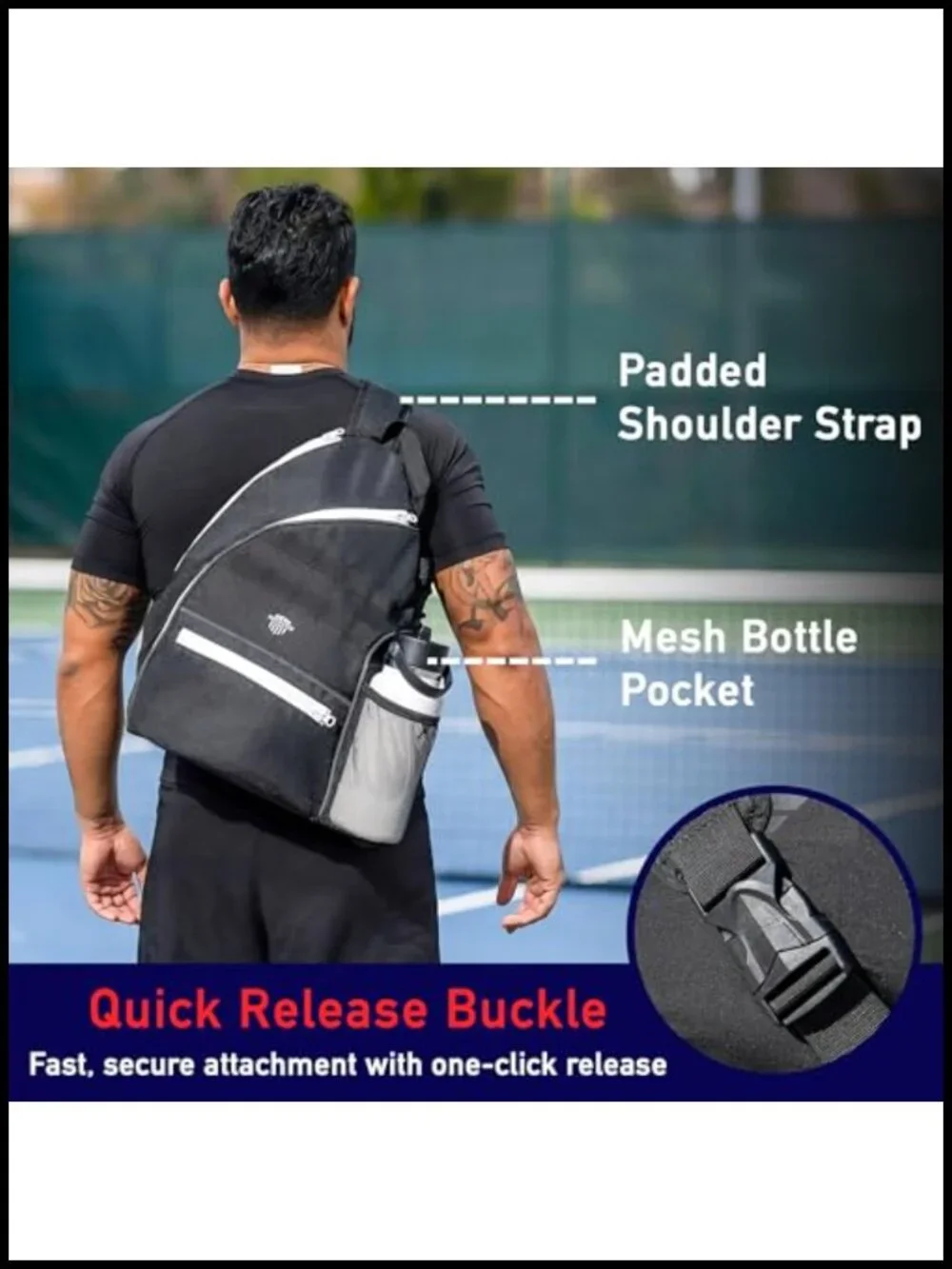 Pickleball Sling Bag with Fence Hook, 3 Compartments, 1000D PVC Coated Cordura